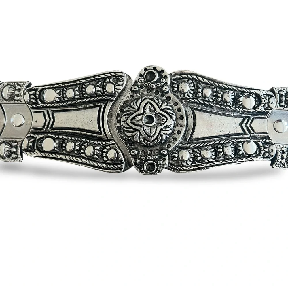 Y2K Silver Western Belt Buckle Heavy Accents Black Leather Adjustable Belt 36”